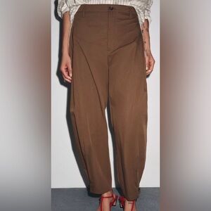 ZARA ZW COLLECTION Pleated Trousers Pants With Loops Brown Small CURRENT